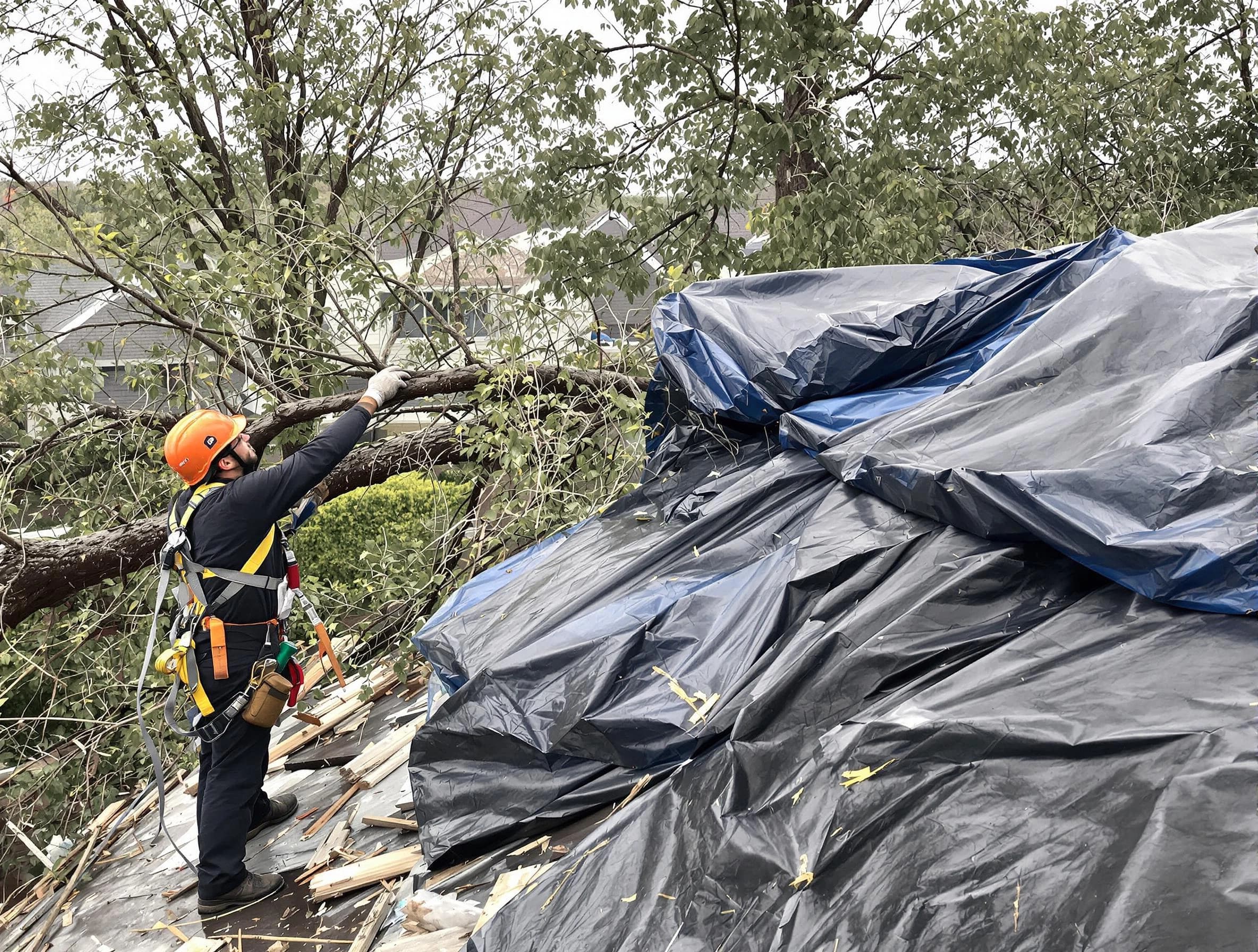 A tarped roof after storm damage repaired by North Olmsted Roofing Company in North Olmsted, OH