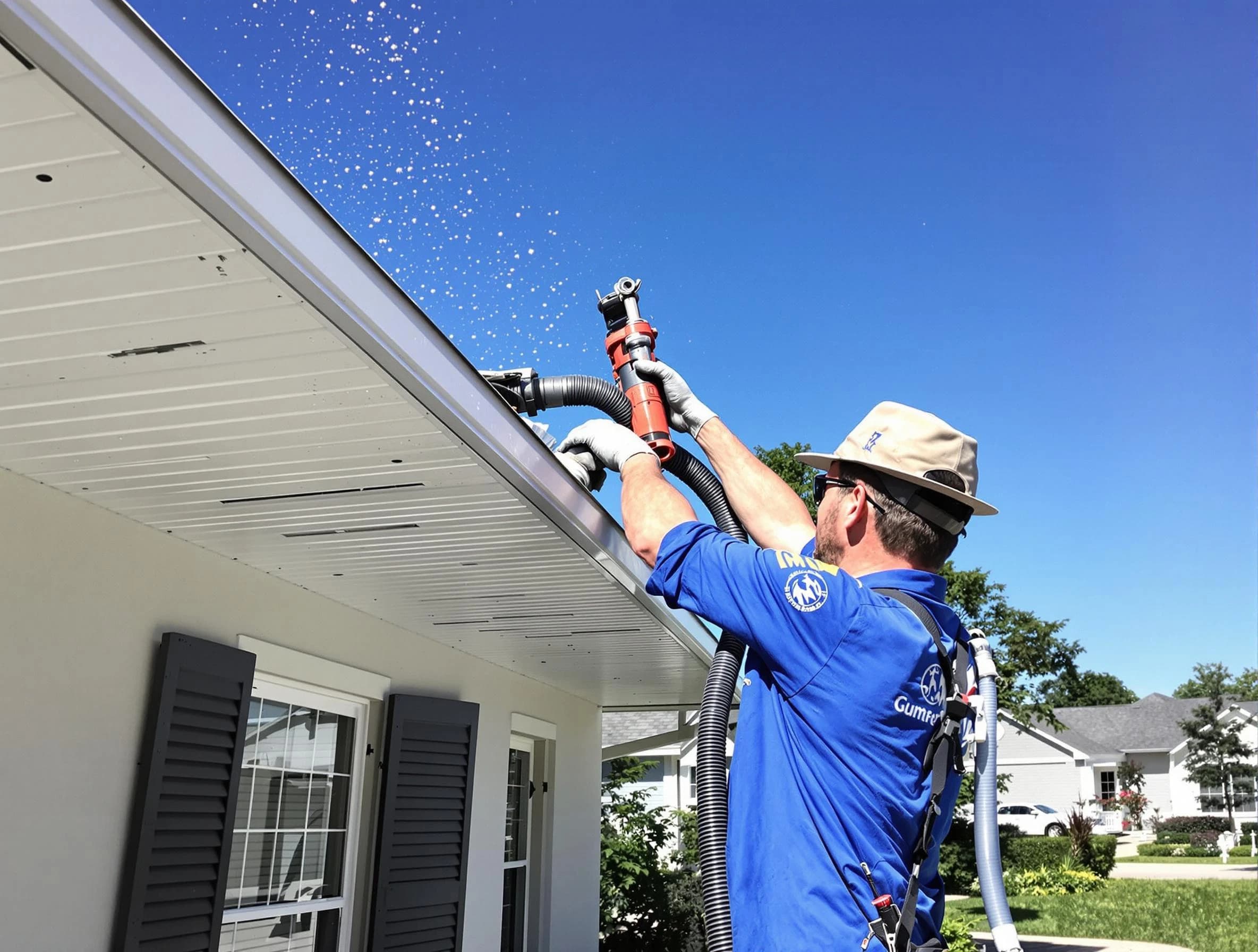 Technician completing a gutter cleaning project by North Olmsted Roofing Company in North Olmsted, OH